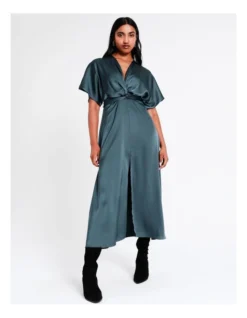 Basque Recycled Satin Twist Front Midi Dress In Steel