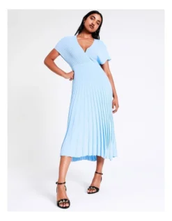 Basque Rib Knit Midi Dress In Sky Blue