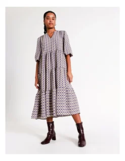 Basque Recycled Blend V Neck Tiered Midi Dress In Purple