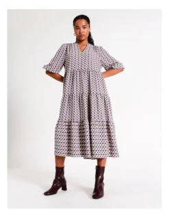 Basque Recycled Blend V Neck Tiered Midi Dress In Purple -Basque Store Online 970308370 6 720x928