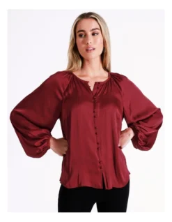 Basque Recycled Bruised Poly Satin Button Through Shirt In Wine