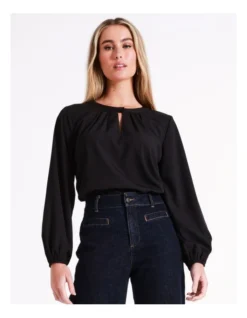 Basque Long Sleeve Woven Front Jersey Back Tee In Black