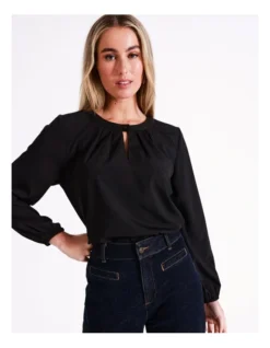 Basque Long Sleeve Woven Front Jersey Back Tee In Black -Basque Store Online 975458980 3 720x928