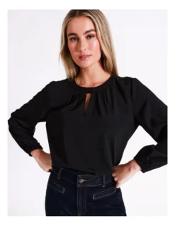 Basque Long Sleeve Woven Front Jersey Back Tee In Black -Basque Store Online 975458980 4 720x928