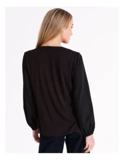 Basque Long Sleeve Woven Front Jersey Back Tee In Black -Basque Store Online 975458980 6 720x928