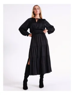 Basque Recycled Bruised Poly Satin Elasticated Waist Maxi Dress In Black