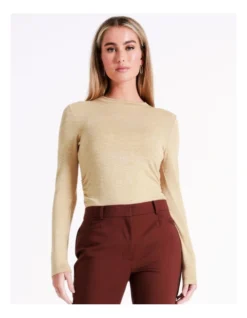 Basque Gathered Long Sleeve T-Shirt In Oatmeal Marle