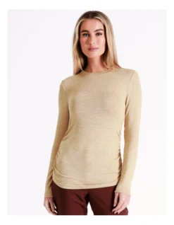 Basque Gathered Long Sleeve T-Shirt In Oatmeal Marle -Basque Store Online 975459880 4 720x928