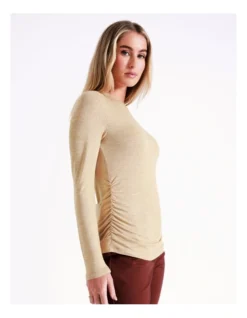 Basque Gathered Long Sleeve T-Shirt In Oatmeal Marle -Basque Store Online 975459880 5 720x928