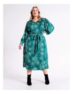 Basque Wrap Front Texture Midi Dress In Green