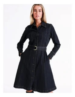 Basque Recycled Cotton Blend Denim Midi Shirt Dress In Indigo